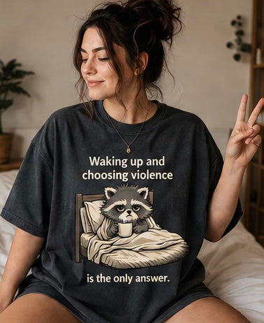 Waking Up & Choosing Violence Raccoon Tee | Funny Coffee Shirt