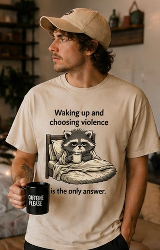 Waking Up & Choosing Violence Raccoon Tee | Funny Coffee Shirt