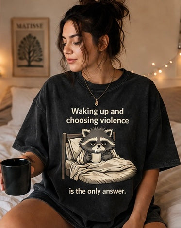 Waking Up & Choosing Violence Raccoon Tee | Funny Coffee Shirt