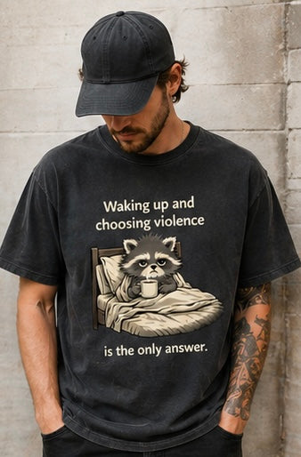 Waking Up & Choosing Violence Raccoon Tee | Funny Coffee Shirt