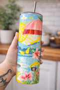 Tropical Beach Tumbler | 20oz Stainless Steel Cup with Metal Straw | Summer Vacation Drinkware | Hibiscus Ocean Design