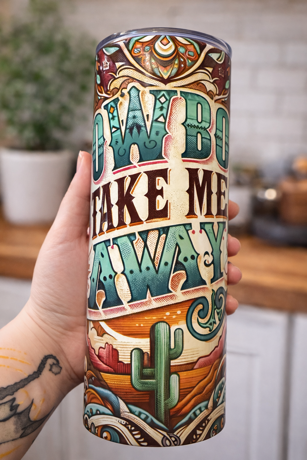 Cowboy Take Me Away Tumbler | Western 20oz Stainless Steel Cup | Cowgirl Aesthetic Drinkware | Desert Sunset Tumbler