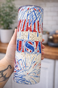 USA Firework Tumbler | 20oz Patriotic Stainless Steel Cup | Red White Blue Summer Drinkware | Fourth of July Cup