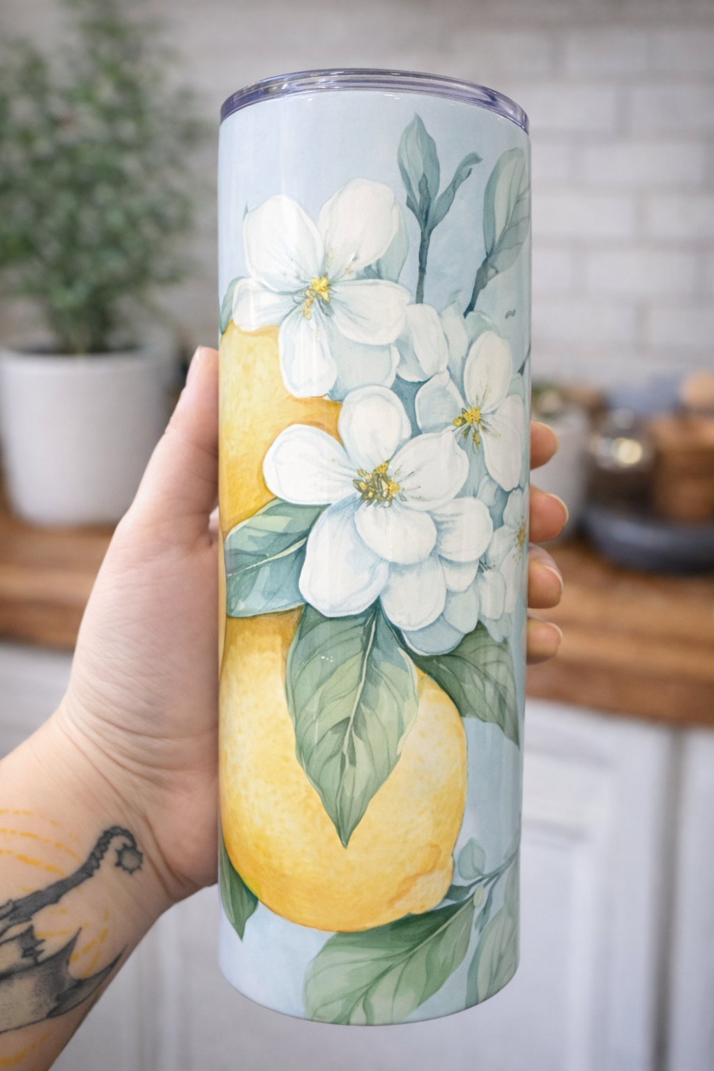 Lemon Floral Tumbler | 20oz Stainless Steel Cup with Straw | Farmhouse Kitchen Aesthetic | Spring Summer Drinkware