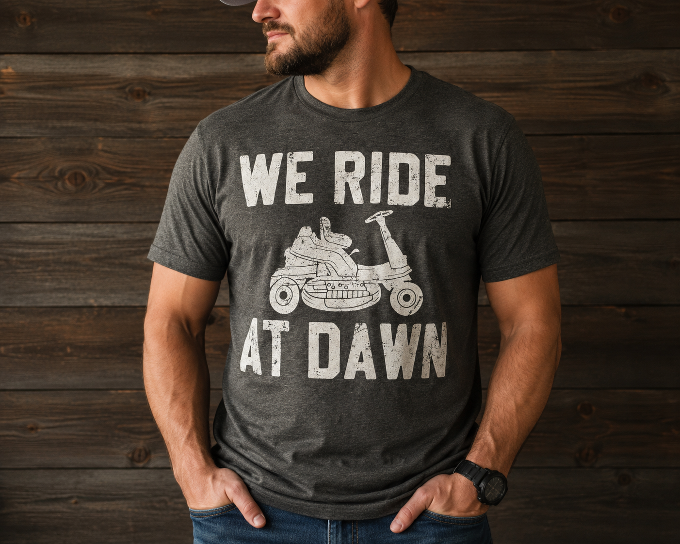 We Ride At Dawn Graphic Tee | Funny Lawn Mower Shirt | Men’s Humor T-Shirt | Dad Shirt