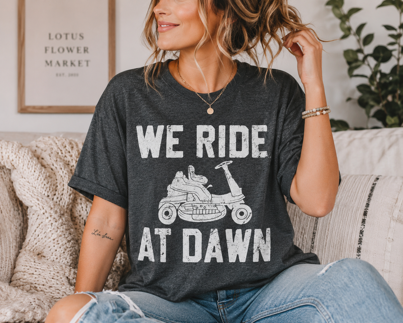 We Ride At Dawn Graphic Tee | Funny Lawn Mower Shirt | Men’s Humor T-Shirt | Dad Shirt