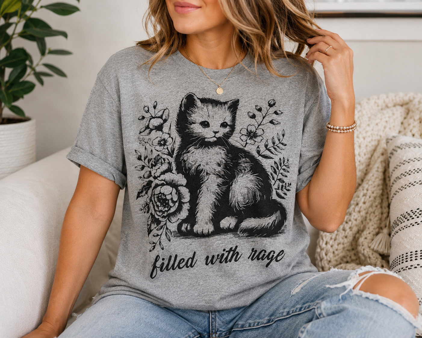 Filled With Rage Cat Graphic Tee | Funny Cat Lover Shirt | Cute Angry Kitty Shirt | Heather Gray Tee